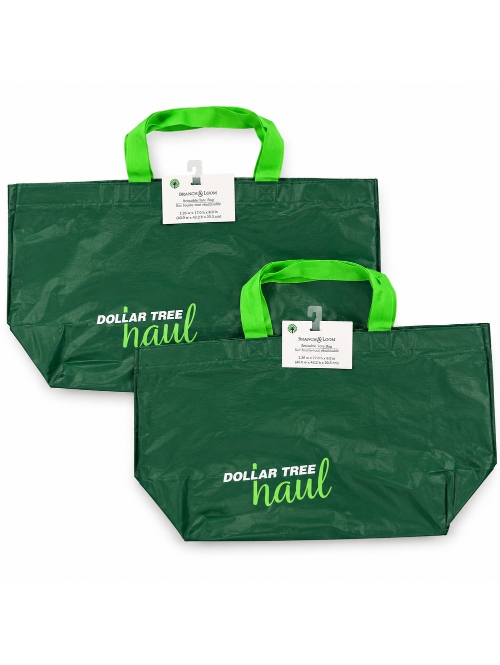 HTF “Dollar Tree Haul” Reusable Tote Bags Large Green Shopping Bags Lot of 2 NEW